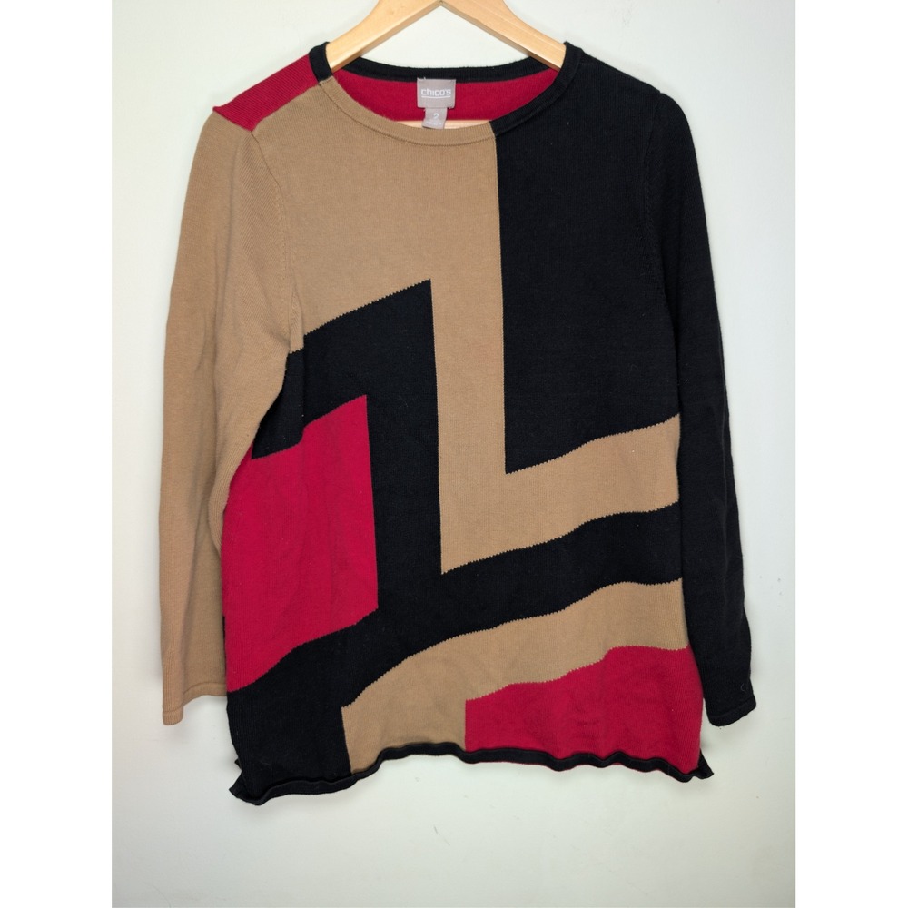 CHICOS Geometric Colorblock Sweater Womens 2 L Black Red Retro Librarian Chic - Picture 5 of 6